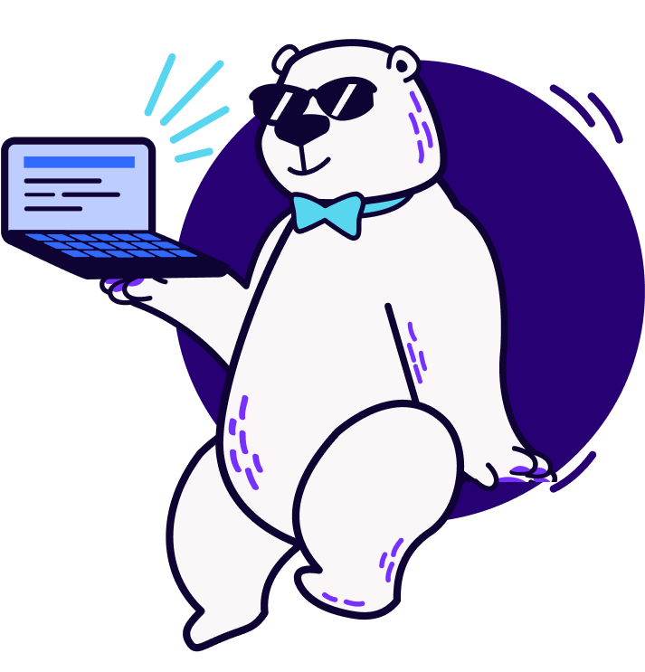 a cartoon bear holds a laptop while wearing sunglasses and a bowtie