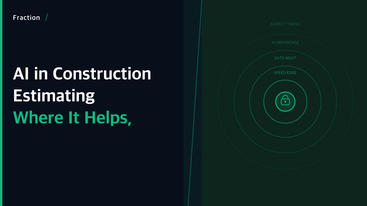Branded hero image: AI in Construction Estimating, teal concentric rings diagram on dark background with Fraction wordmark