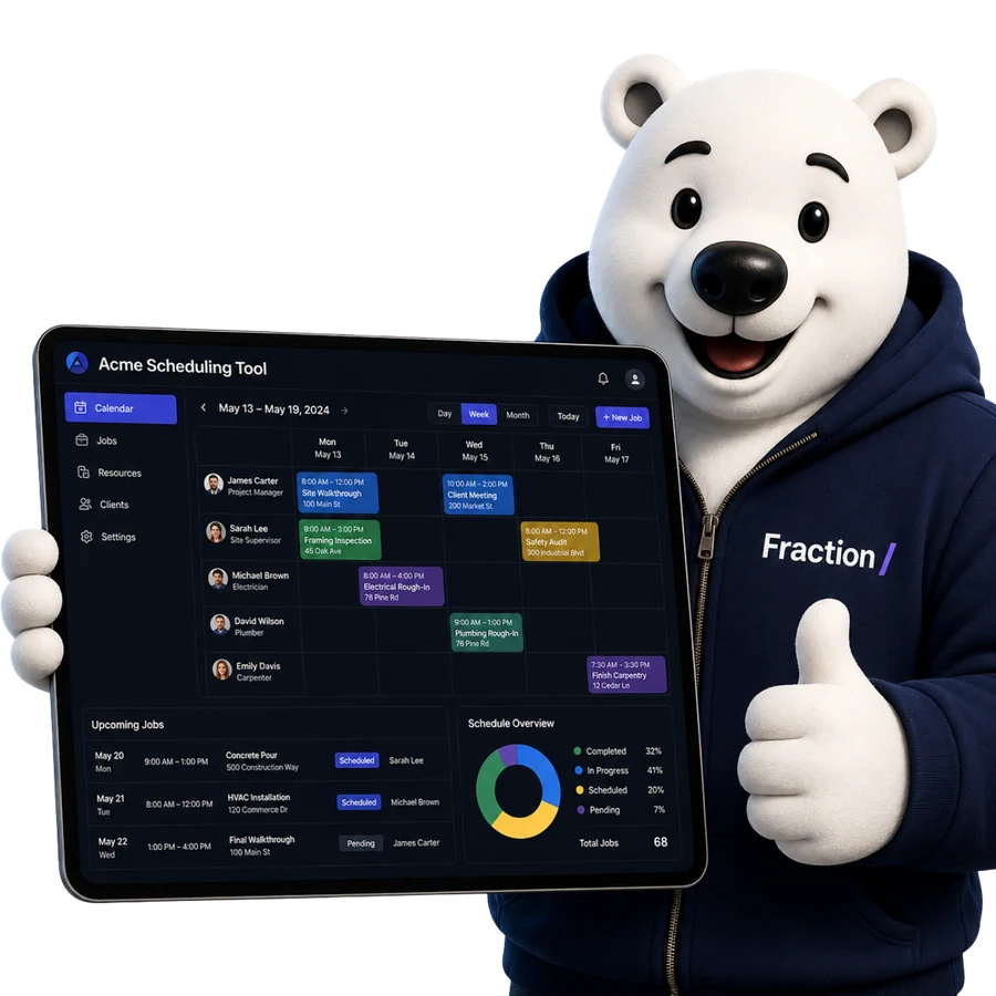 Fraction's bear mascot presenting a working software prototype on a tablet