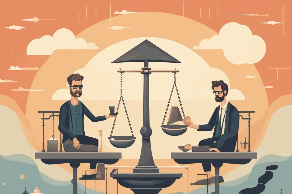 two cofounders sharing equity with old fashioned scale