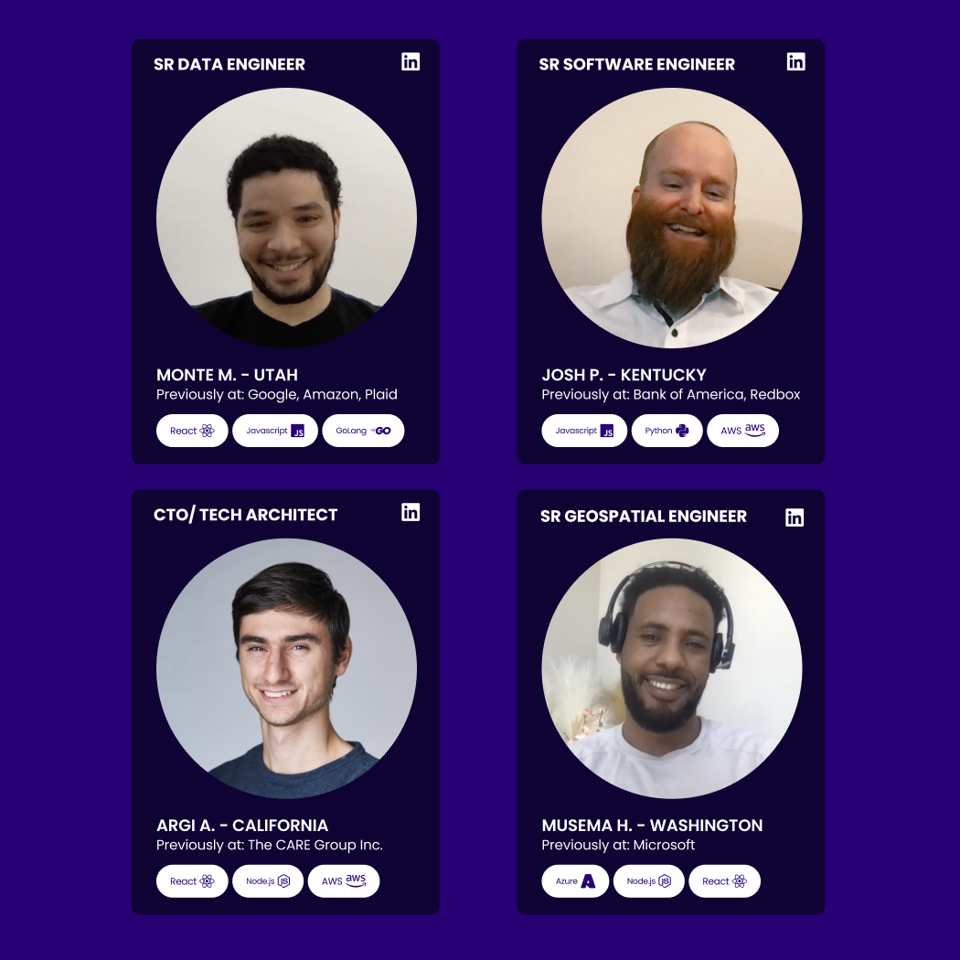 a grid of four developer profile cards